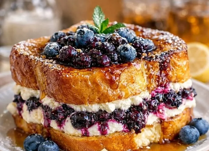 Blueberry cheesecake stuffed French toast topped with fresh blueberries and syrup.
