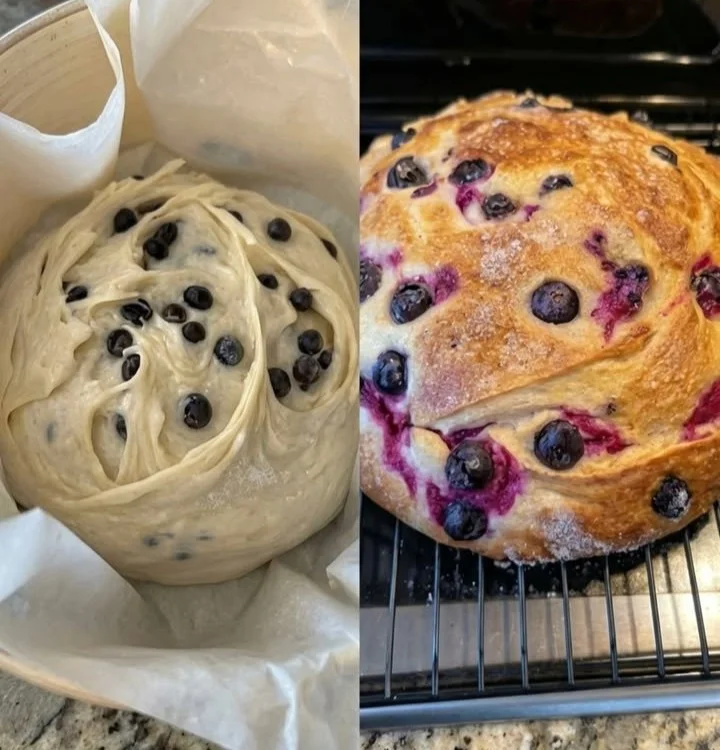 Freshly baked Blueberry Cream Cheese Loaf on a wooden table