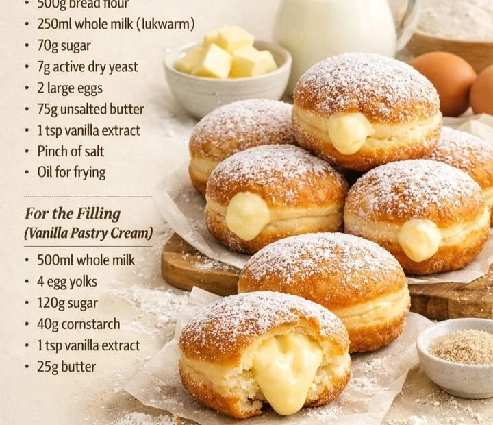 Delicious homemade Bomboloni dusted with powdered sugar on a plate