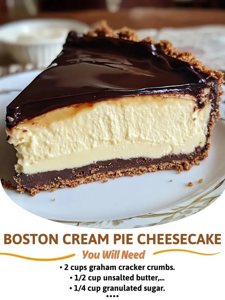 Delicious Boston Cream Pie Cheesecake topped with chocolate ganache and whipped cream.