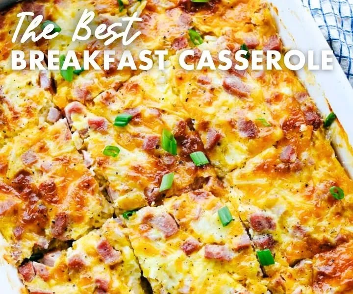 Delicious breakfast casserole with eggs, cheese, and vegetables baked to perfection.