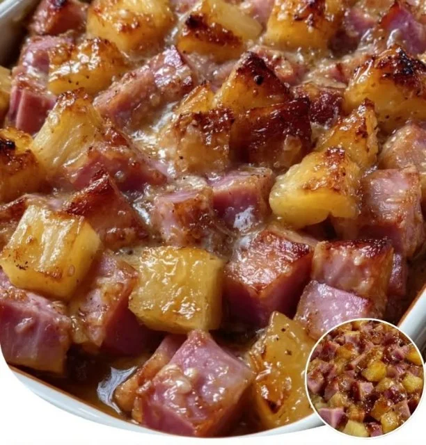 Delicious brown sugar pineapple ham bake served with festive garnishes