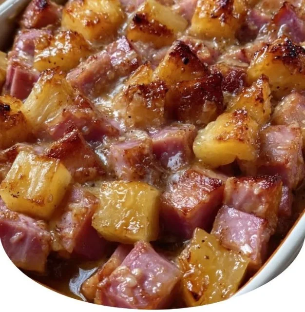 Brown Sugar Pineapple Ham Bake dish ready to serve