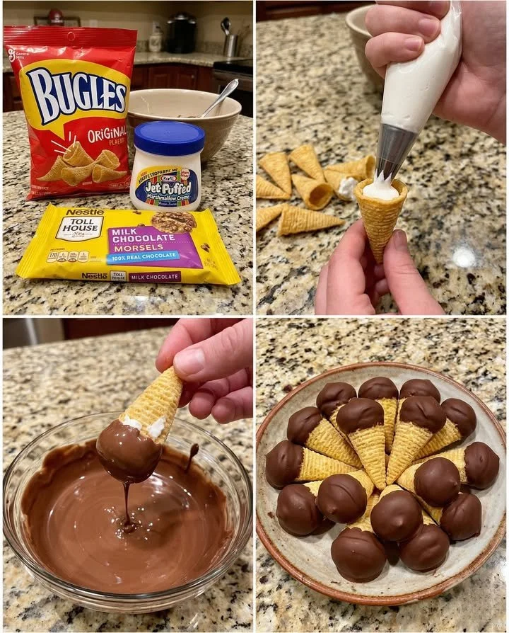 Bugles Jet-Puffed Chocolate Dipped Cones, a delightful chocolate treat.