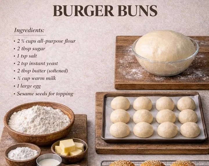 Freshly baked burger buns for delicious homemade burgers.