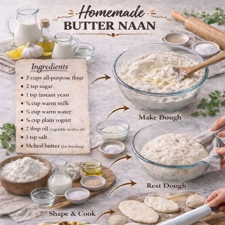 Homemade butter naan served with curry and garnished with fresh cilantro.