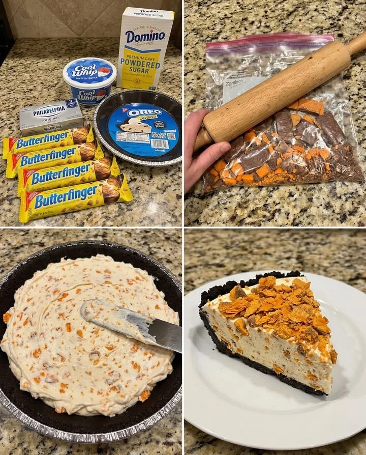 Delicious Butterfinger Cheesecake Pie with chocolate and caramel toppings.