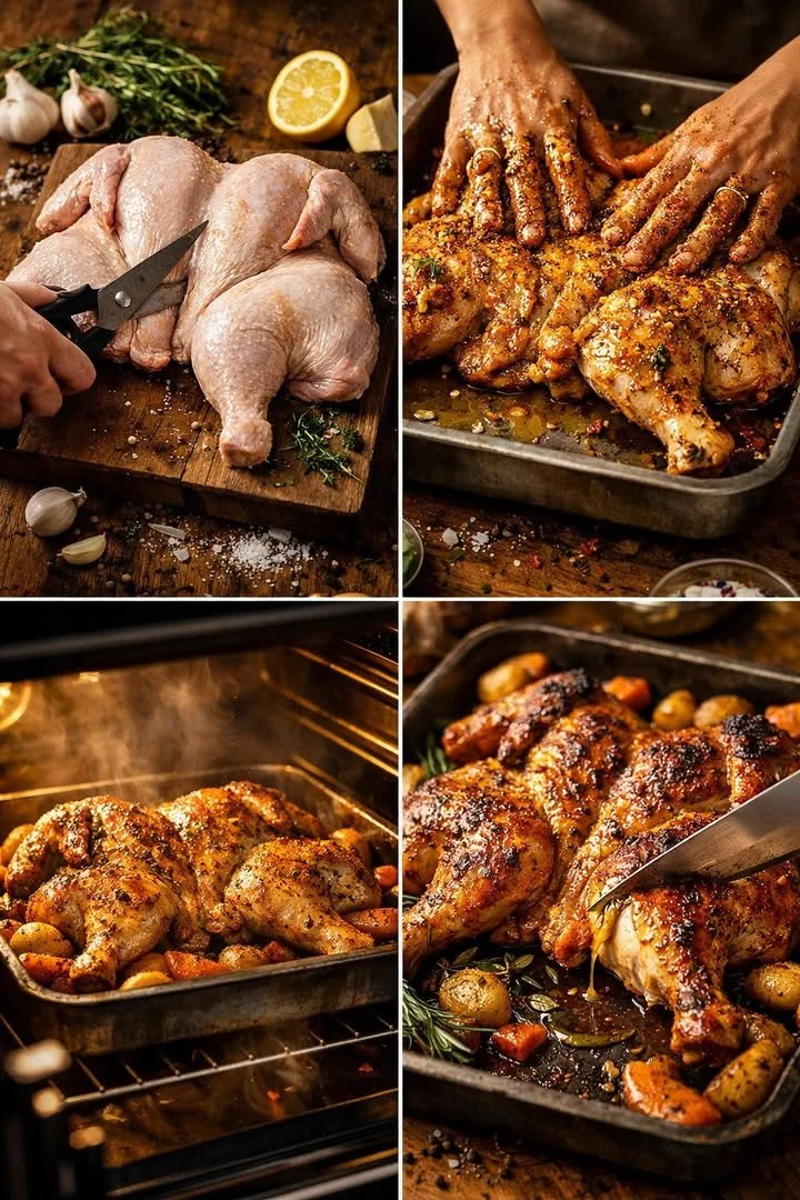 Delicious butterfly roasted chicken on a serving platter, perfectly spatchcocked.