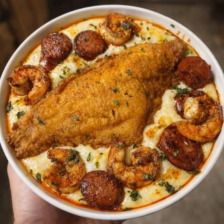 Cajun catfish shrimp and grits served with honey butter