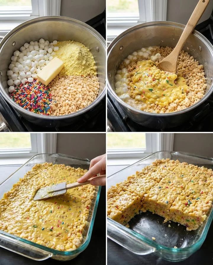 Colorful Cake Batter Rice Krispie Treats topped with sprinkles