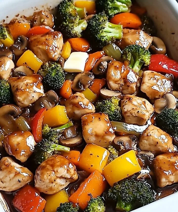 Delicious caramelized teriyaki chicken with garden veggies in a one-pan dish