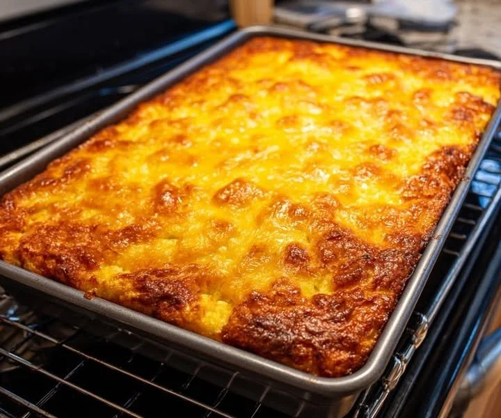 Cheddar Crunch Bake with golden cheese crust and crunchy topping served in a dish