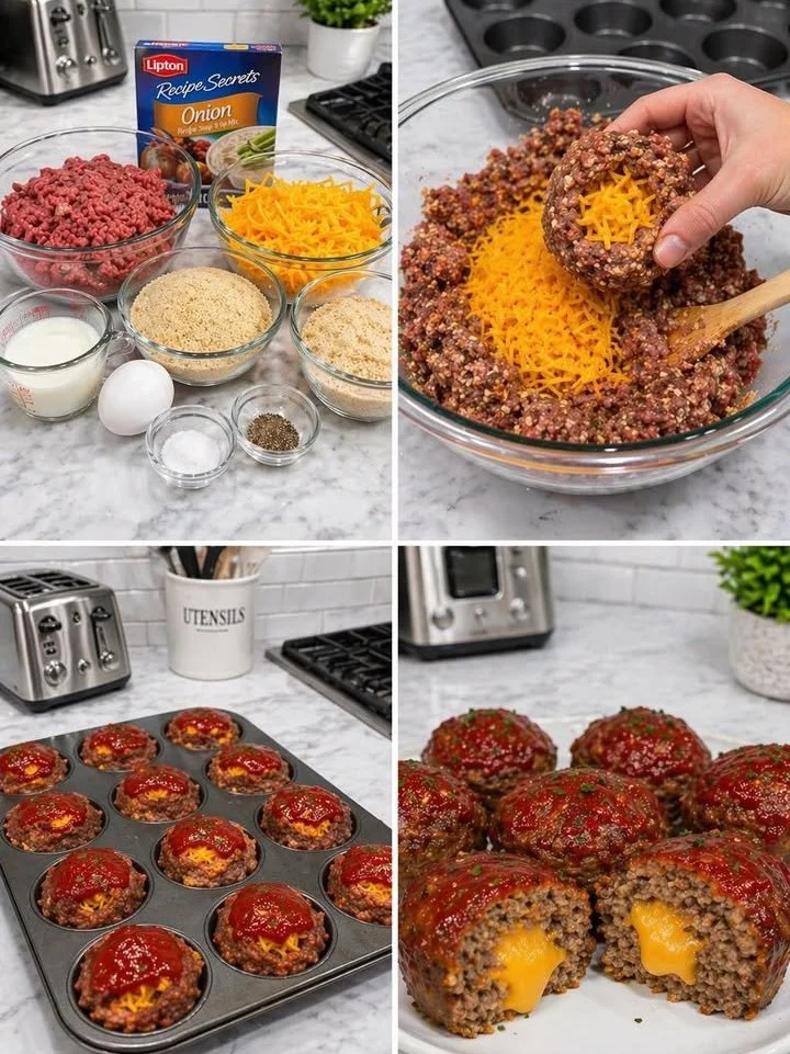 Cheddar stuffed meatloaf muffins in a muffin tray, freshly baked