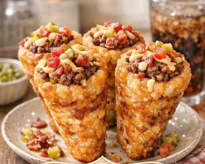 Cheeseburger stuffed tater tot cones served on a platter