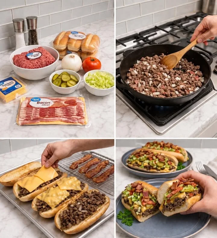 Cheeseburger subs loaded with beef, cheese, and fresh toppings in a toasted bun.