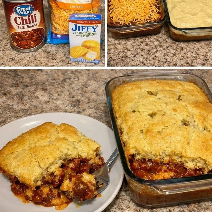 Cheesy chili bake served in a dish, topped with melted cheese and spices.