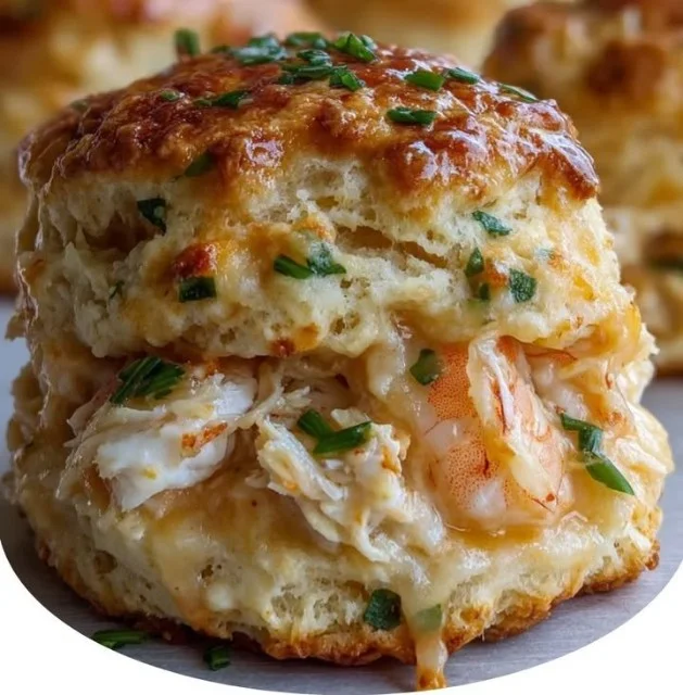 Cheesy crab garlic biscuits served on a plate, garnished with herbs.