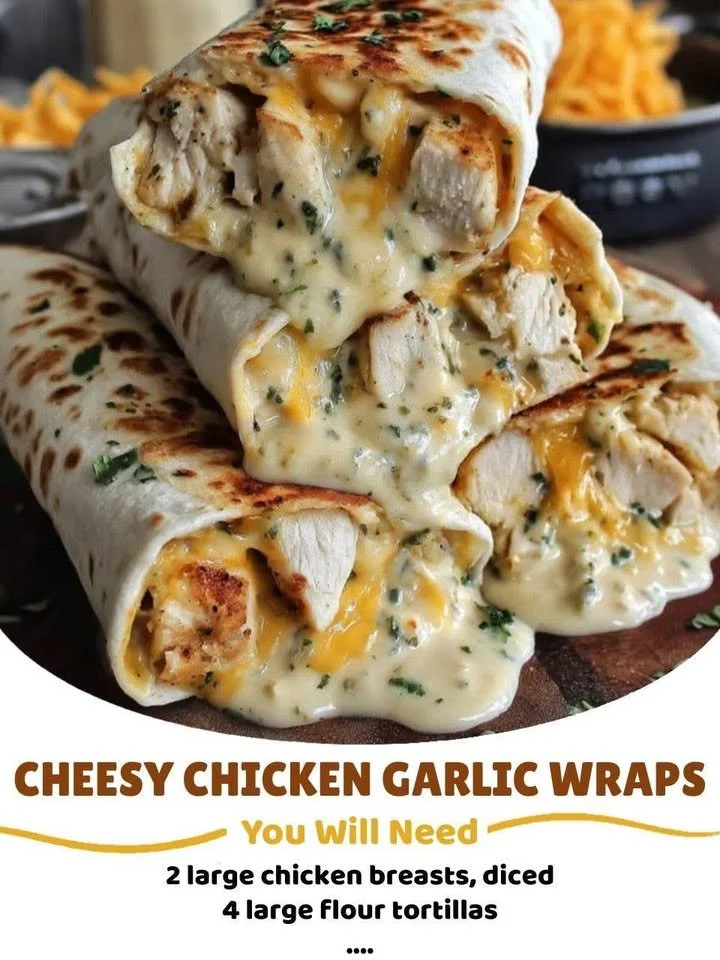 Cheesy garlic chicken wraps served with fresh vegetables and dipping sauce.