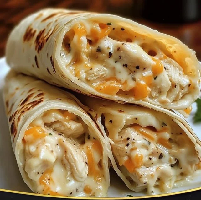 Cheesy garlic chicken wraps ready to enjoy, filled with juicy chicken and melting cheese.