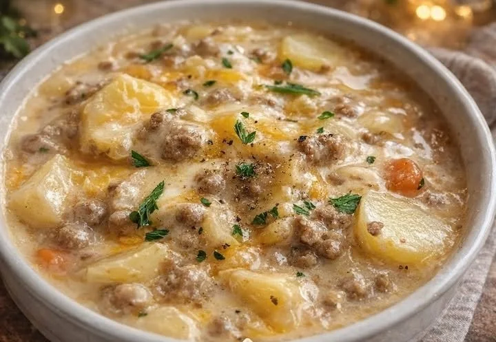 Bowl of cheesy hamburger potato soup topped with cheese and herbs