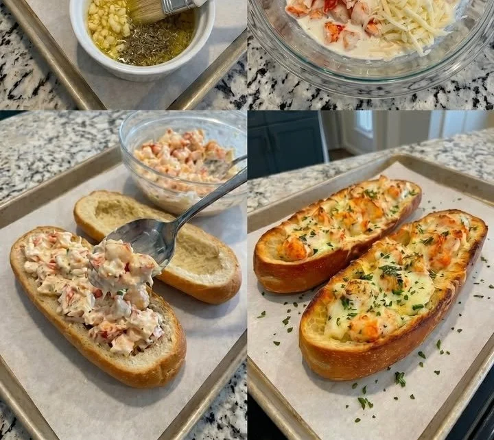 Delicious cheesy lobster garlic bread boats topped with herbs and melted cheese