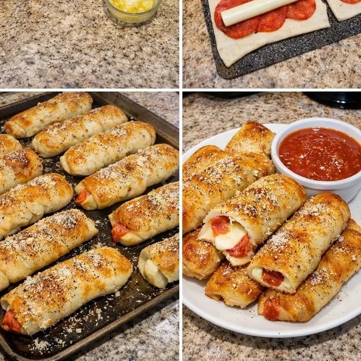 Cheesy pepperoni pizza breadsticks served on a plate