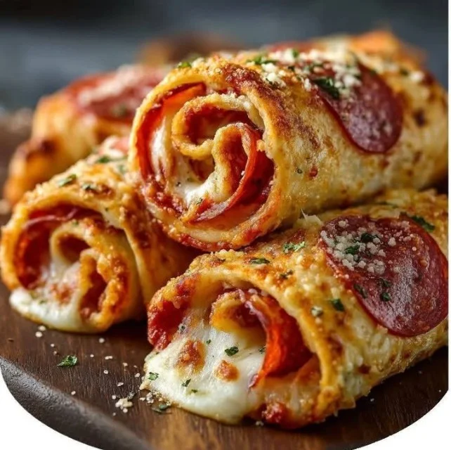 Cheesy pepperoni pizza roll-ups served on a plate.