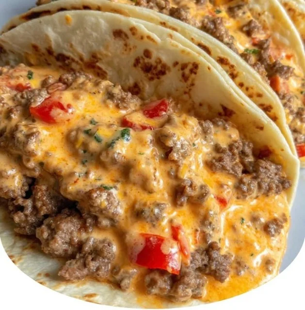 Cheesy Rotel beef soft tortilla tacos topped with fresh ingredients