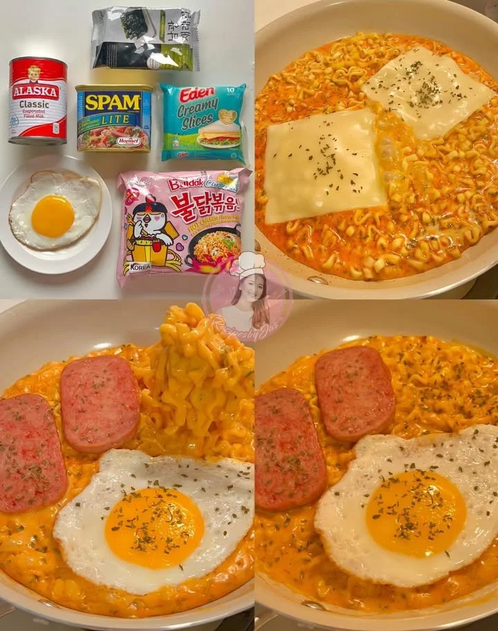 Bowl of Cheesy Samyang Carbonara topped with cheese and spices