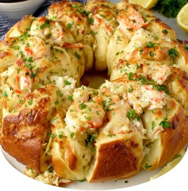 Cheesy shrimp crab crescent ring baked to golden perfection