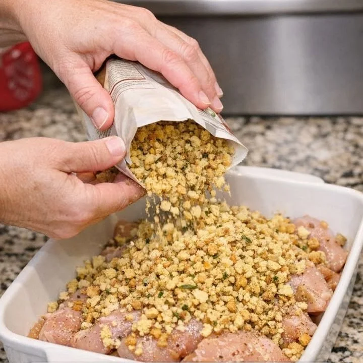 Delicious Chicken and Stuffing Casserole topped with herbs and spices