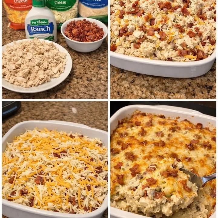 Delicious Chicken Bacon Ranch Casserole topped with crispy bacon and herbs
