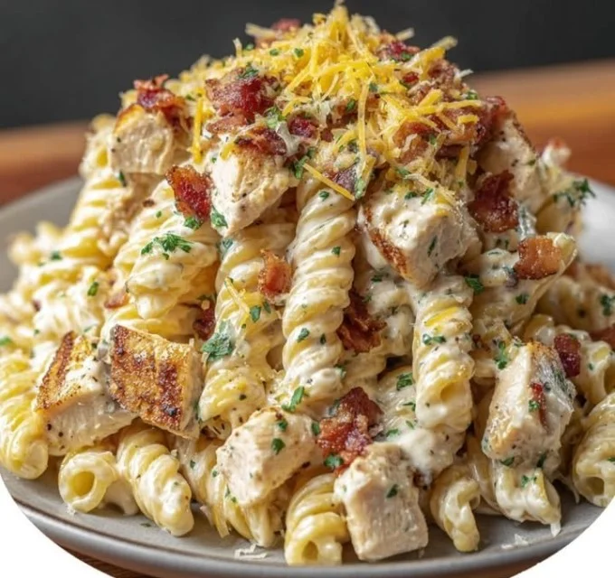 Delicious Chicken Bacon Ranch Pasta garnished with herbs