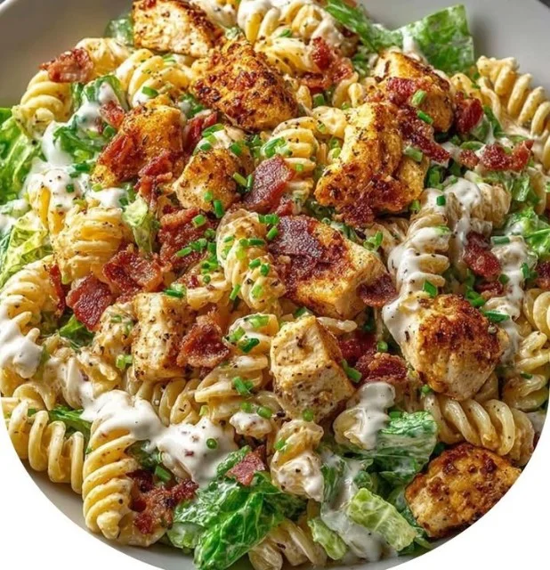 Delicious Chicken Bacon Ranch Pasta Salad served in a bowl with bacon and herbs.