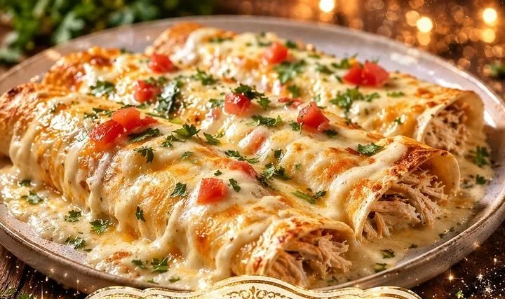 Delicious chicken enchiladas topped with creamy sour cream white sauce on a plate.