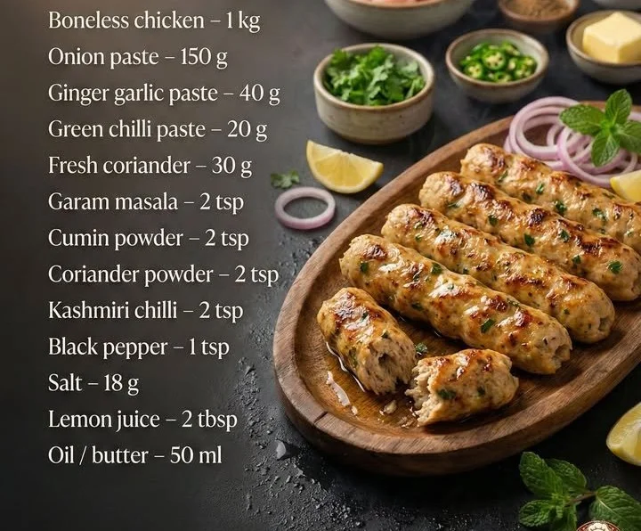Juicy Chicken Kebab in seekh style, served on a platter with fresh herbs.