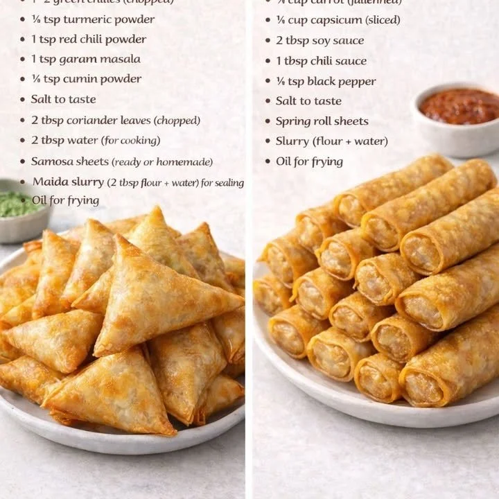 Delicious crispy Chicken Samosas served on a plate with dipping sauce