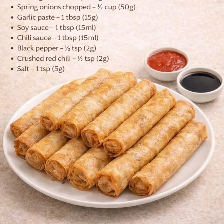 Plate of crispy Chicken Spring Rolls served with dipping sauce