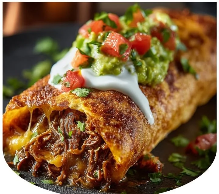 Delicious crispy chimichanga served with toppings and salsa