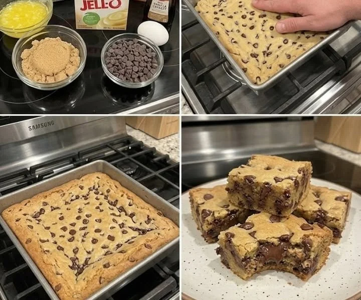 Freshly baked chocolate chip pudding bars on a cooling rack