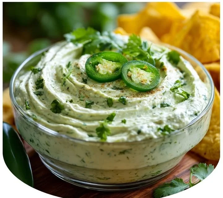Cilantro Jalapeño Dip served in a bowl with fresh cilantro and jalapeños