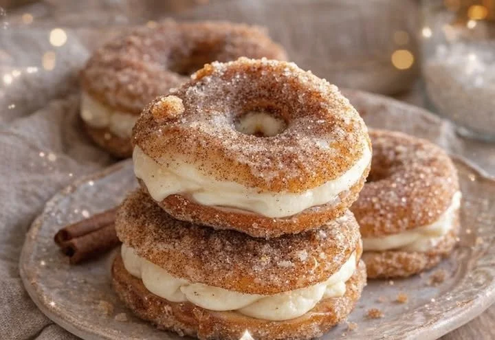 Cinnamon kissed cheesecake donut cookies with a creamy cheesecake filling
