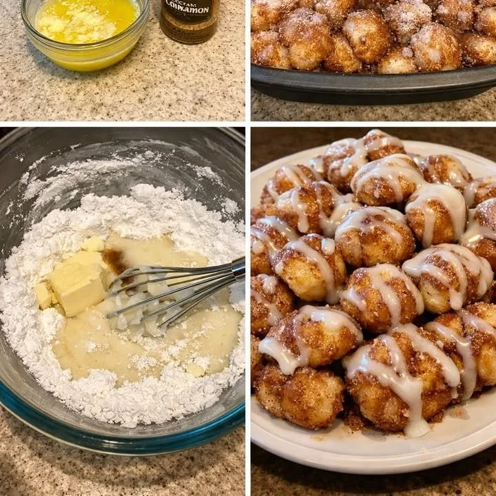 Delicious cinnamon roll bites served on a plate with icing drizzle