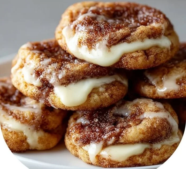 Delicious Cinnamon Roll Cheesecake Cookies on a plate topped with icing
