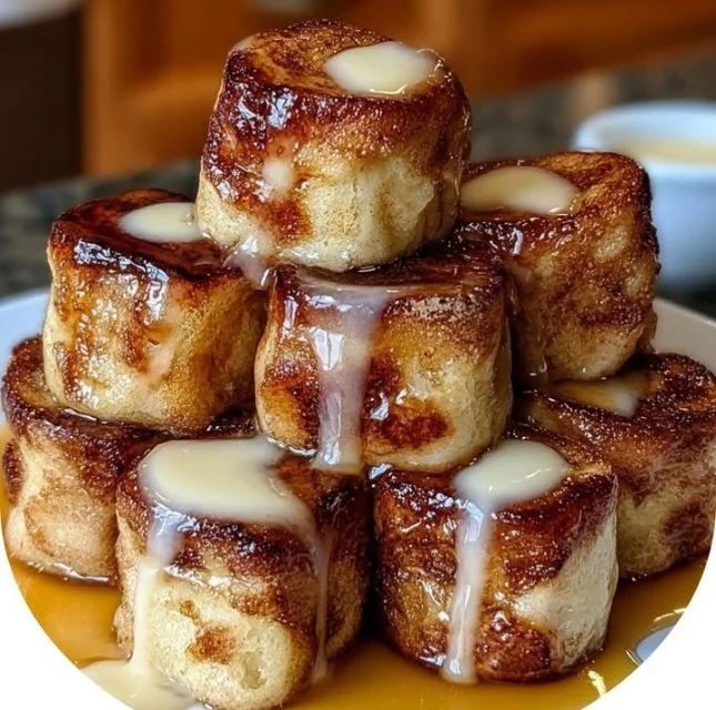 Delicious cinnamon roll french toast bites drizzled with icing on a plate