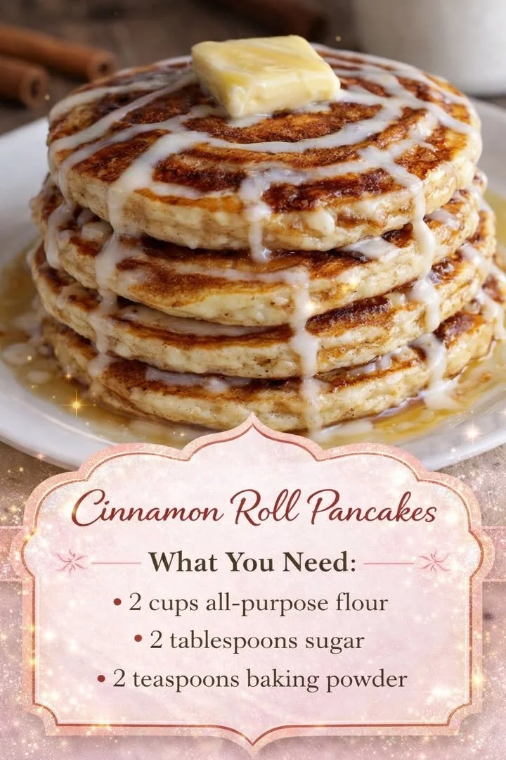 Delicious cinnamon roll pancakes topped with icing and cinnamon