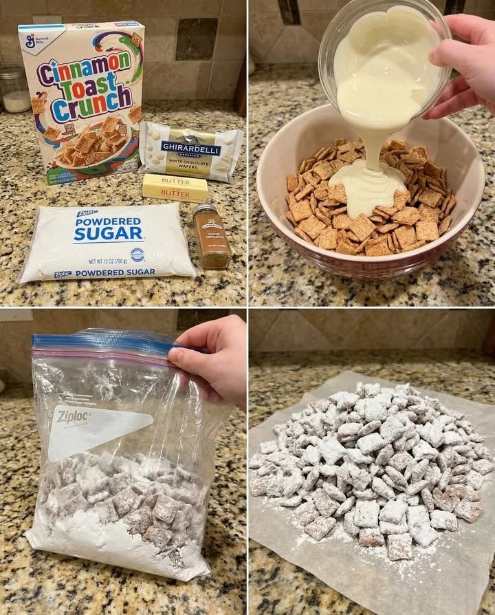 Bowl of Cinnamon Toast Crunch Muddy Buddies snack mix with chocolate and cereal.
