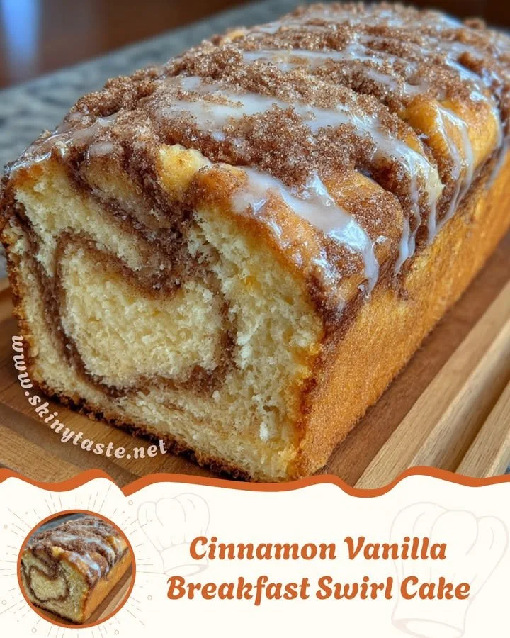 Cinnamon vanilla breakfast swirl cake topped with icing on a wooden table