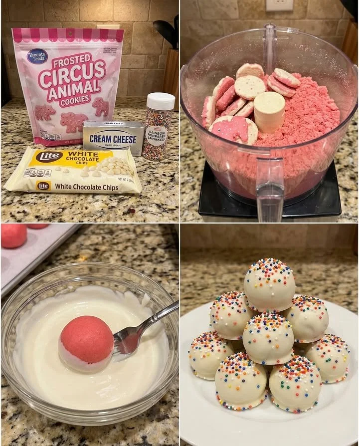 Delicious Circus Animal Cookie Truffles topped with colorful sprinkles