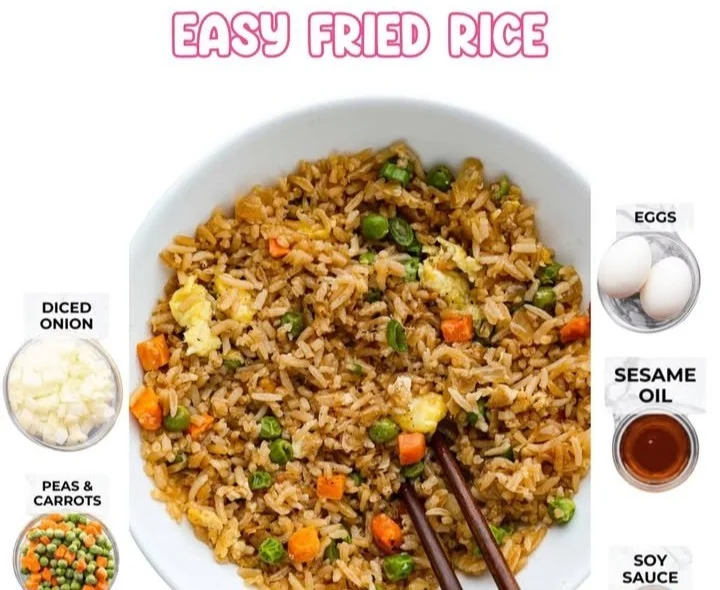Delicious classic fried rice served in a bowl with vegetables and eggs